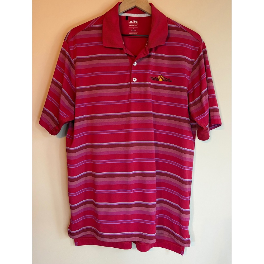 Adidas ClimaCool Mens Golf Polo Shirt Pink Striped Golden Bear Hilton Head Med